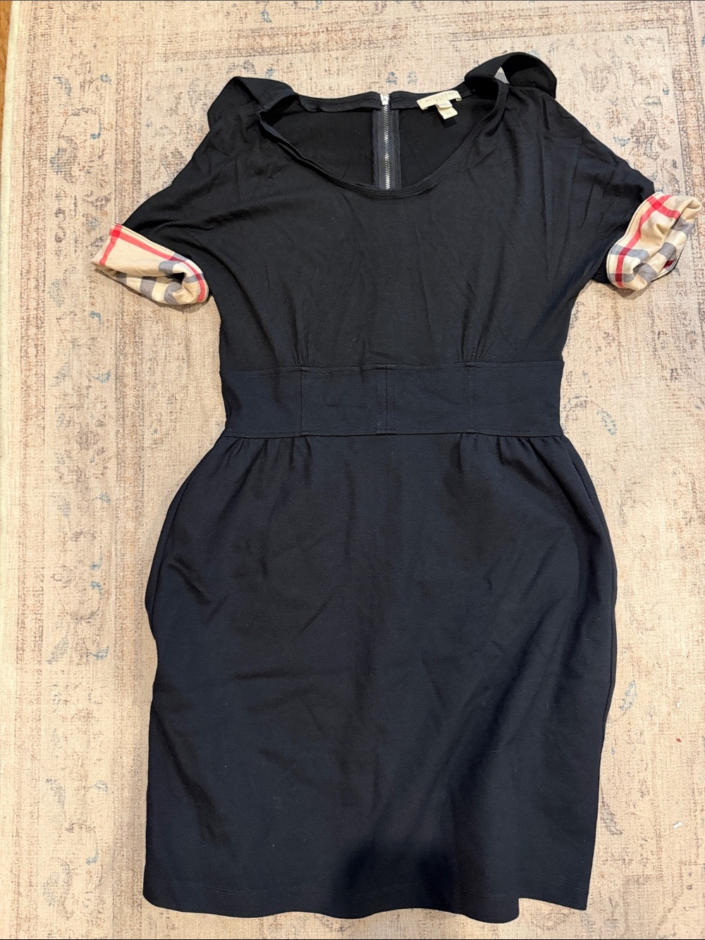 Burberry Black Short-Sleeve Dress with Signature Check Cuffs